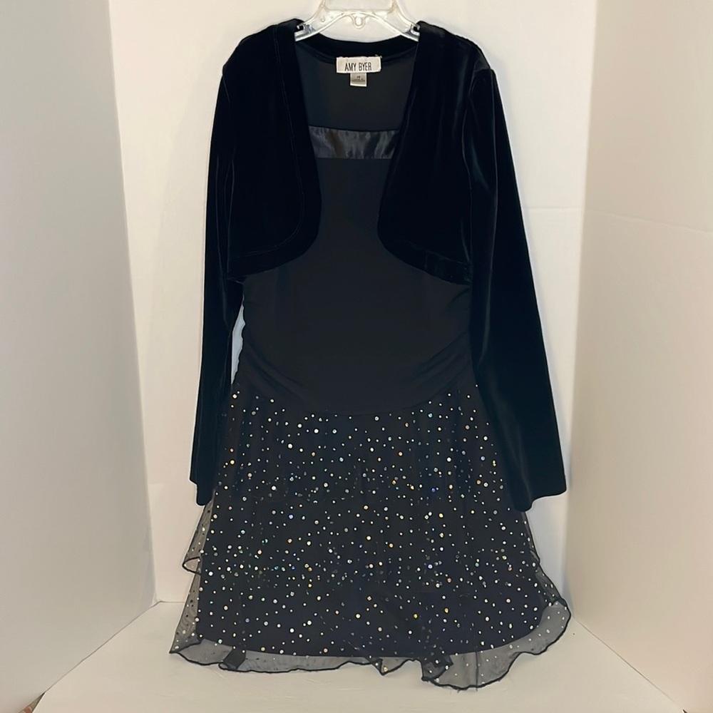 Amy Byer fancy girls black dress with attached bolero & glittery ruffles sz 14